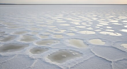 Vast salt flat landscape with hexagonal patterns and shallow water pools