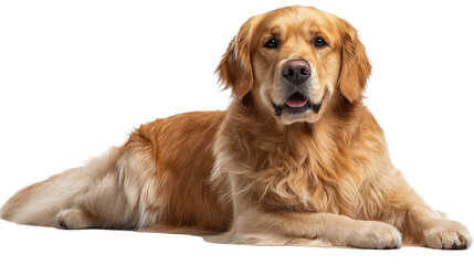 Obraz premium A beautiful Golden Retriever with long shiny golden fur lying down in a relaxed pose and looking at the camera.