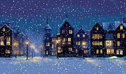 Snowy night city street scene with warm lights