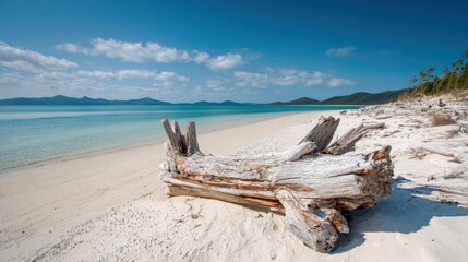 Whitewashed driftwood on a white sand beach under a bright blue sky