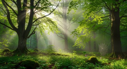 Obraz premium Lush green forest with morning mist