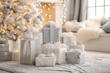 Stacked, silvery Christmas presents under a decorated tree