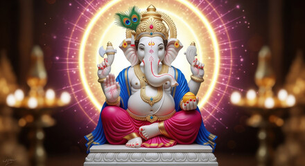 Fototapeta premium Hindu deity elephant head gold crown blue robe pink drape sitting on pedestal spiritual aura glowing background festive peaceful divine traditional art religious symbol Indian culture