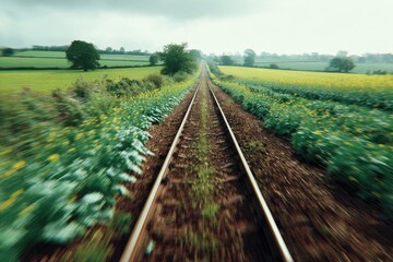 Obraz premium Rural train tracks stretching into a cloudy sky, vibrant vegetation