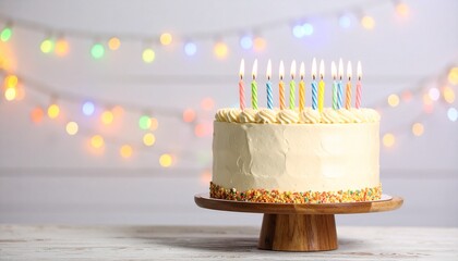 Birthday cake with white frosting, colorful sprinkles, sixteen multicolored candles on wooden stand, festive bokeh lights.