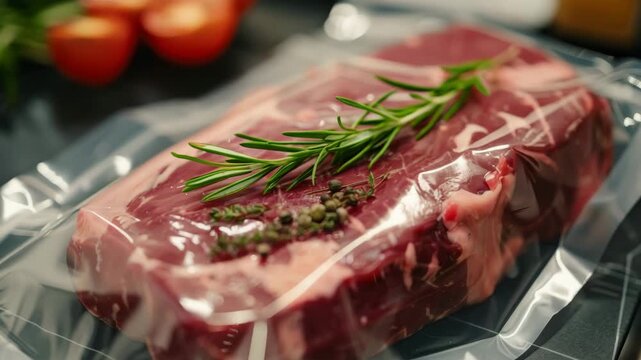 Fresh raw beef steak sealed in vacuum packaging with sprigs of rosemary and peppercorns on top