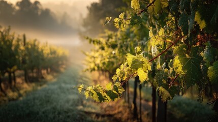 Naklejka premium Early morning mist gently hovering over a tranquil vineyard landscape, with dew on grape leaves and golden sunlight breaking through