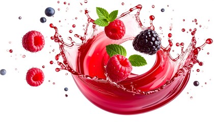 Vibrant berry splash; raspberries, blackberries, blueberries, and mint leaves suspended in a red juice crown