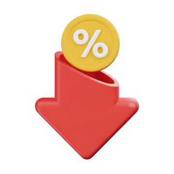 Red downward arrow with a golden coin featuring a percentage symbol isolated on transparent background