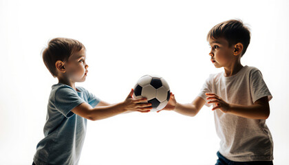 Two boys playfully reaching for a soccer ball.