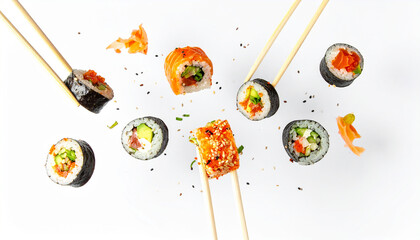 Different fresh sushi rolls with chopsticks frozen in the air on white background