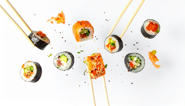 Different fresh sushi rolls with chopsticks frozen in the air on white background