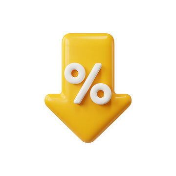 Yellow down arrow with percentage symbol indicating a price reduction or discount isolated on transparent background