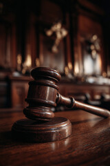 Close-up of a wooden judge's gavel on a table in a dimly lit courtroom
