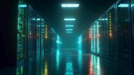 Empty server room hallway under neon lights