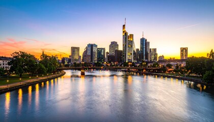 Naklejka premium Modern city skyline at sunset with river reflections, vibrant sky in orange, pink, and purple tones.