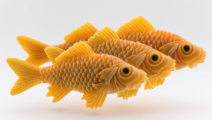 Three sculpted, orange-gold fish in profile view, arranged in a horizontal row against a white background