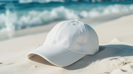 White baseball cap on the sand of a sunny beach