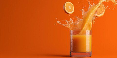 Splashing orange juice in a glass with orange slices