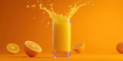 Splashing orange juice in a glass with orange slices
