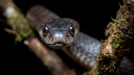 Obraz premium Close-up of a sleek, gray snake with amber eyes, poised on a branch