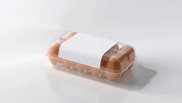Clear plastic egg carton with twelve brown eggs and blank label on white