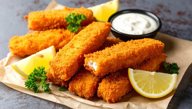 Crispy Fish Sticks with Sauce and Lemon