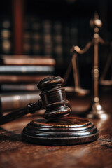 Wooden gavel on a table with a scale of justice and books in the background
