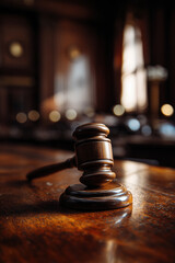 Close-up of a wooden judge's gavel on a table in a dimly lit courtroom