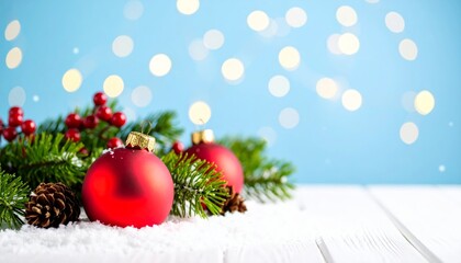 Obraz premium Merry Christmas and Happy New Year with a festive tree, red balls, and other ornaments on a snowy background