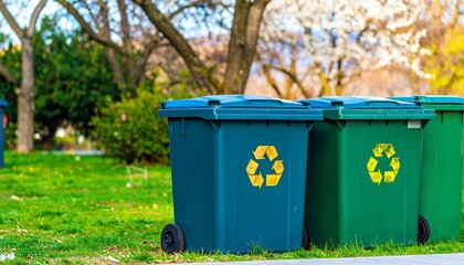 Green and blue recycling bins in a park with trees, grass, and flowering bushes, daytime environmental scene.