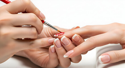 Hand Painting Red Nail Art on White Tipped Nails