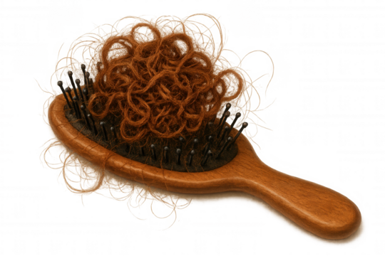 Wooden brush holding a clump of red hair, representing hair loss or damage, isolated on transparent background