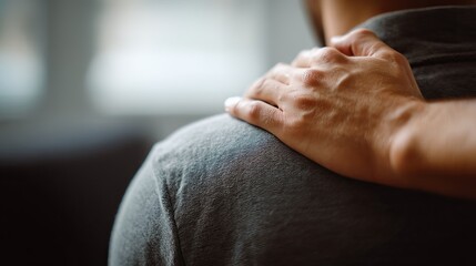 Close-up of a comforting hand on a man's shoulder, conveying support and empathy.