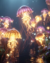 Glowing jellyfish in a deep, mystical underwater scene