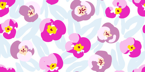 Cute, soft floral vector seamless pattern. Pink, purple pansy flowers blue foliage on a white background. For fabric prints, textile products.