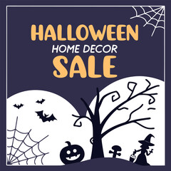 Halloween themed sale poster featuring a spooky tree, bats, spiderwebs, pumpkin, and a witch silhouette design