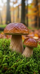 Fototapeta premium Wild mushrooms in forest setting with autumn leaves and green moss