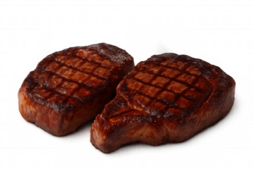 Two delicious grilled steaks with perfect grill marks, isolated on a transparent background, ready for advertising or menu design