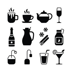 Hot Drinks, Cold Drinks, and Festive Beverage Icons: Simple Black Glyph Set