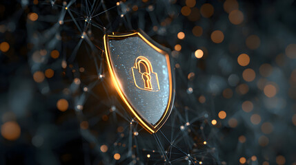 Digital shield with a padlock symbol, representing cybersecurity concept