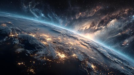 Naklejka premium Nighttime Photorealistic View of Earth from Space