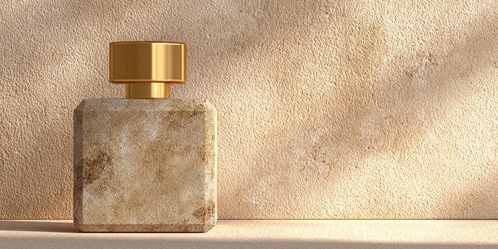 MINIMALISTISCHE PARF&Uuml;MFLASCHE AUF OCKERFARBENEM PUTZ