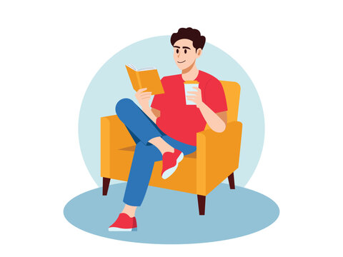 Man Relaxing on Couch Reading Book with Holding a Cup of Coffee