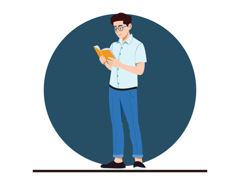 Man with Glasses is Standing and Reading a Book