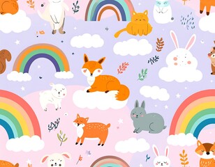 Whimsical pastel pattern featuring various animals on clouds and rainbows