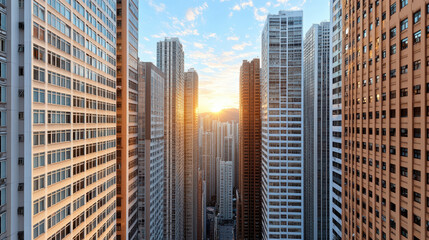 Obraz premium Sunset over high rise buildings creates stunning urban skyline view, showcasing architectural