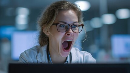 Excited female scientist with glasses celebrating a breakthrough at her desk.
