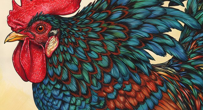 Detailed illustration of a rooster with vibrant layered feathers in blue green and red The roosters head comb and wattle are prominently displayed