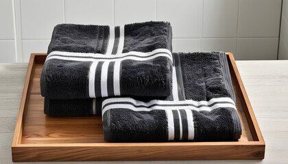 Two dark gray striped bath towels neatly folded on a beautiful wooden tray.